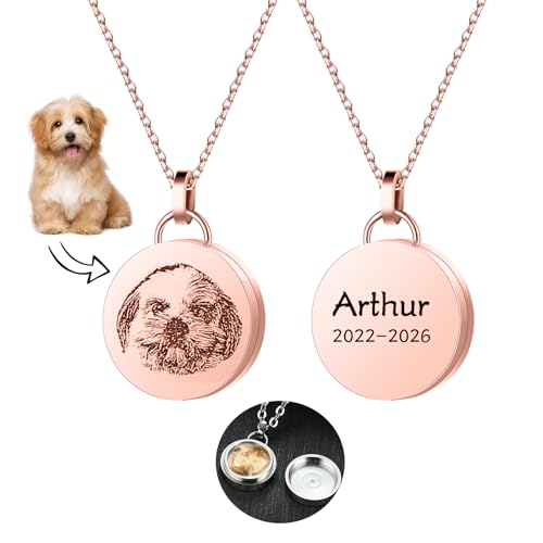 Personalisiert Haustiere Urnen Kette mit Foto/Name Gravur Hund Katze Tierhaar Anhänger Halskette Medaillon für Asche Haustier Portrait Verlust Geschenke Gedenken Memorial Edelstahl (Rose Gold) von Liskanap