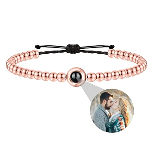 Personalisierte Foto Armband Rund Perle Projektion Armband mit Versteckte Bild im Stein Ich liebe dich Armband 100 Sprachen für Damen Herren Freunde Paar Gedenkfeier Geschenk Silber RoseGold Schwarz von Liskanap