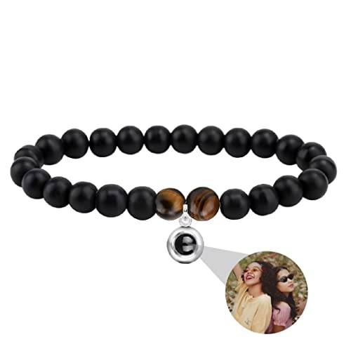 Personalisierte Foto Armband Rund Perle Projektion Armband mit Versteckte Bild im Stein Ich liebe dich Armband 100 Sprachen für Damen Herren Freunde Paar Vatertag Graduierung Memorial Geschenk von Liskanap