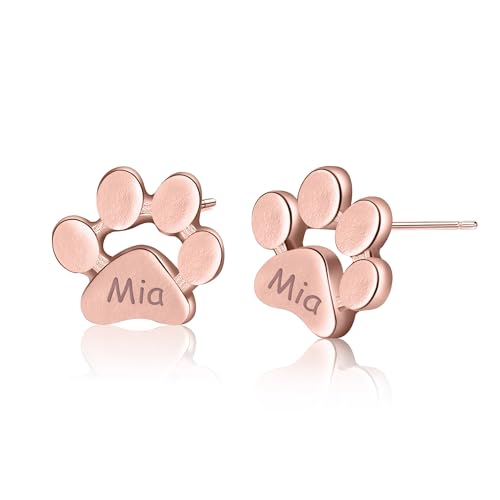 Personalisierte Ohrstecker Hundepfote mit Name Gravur Pfote Ohrringe Pfotenabdruck 925 Sterling Silber Rose Gold (Rose Gold) von Liskanap