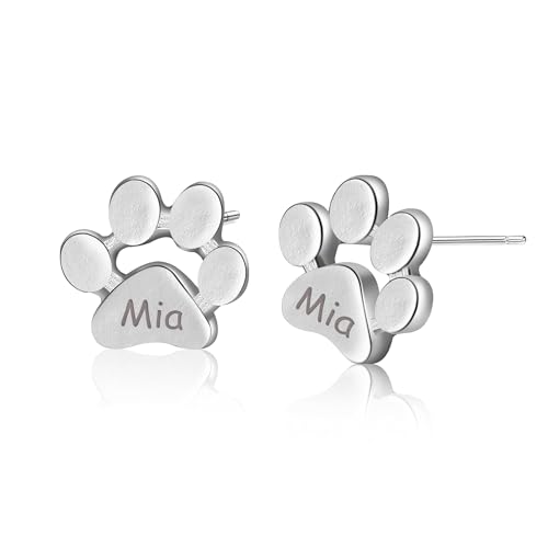 Personalisierte Ohrstecker Hundepfote mit Name Gravur Pfote Ohrringe Pfotenabdruck 925 Sterling Silber Rose Gold (Silber) von Liskanap