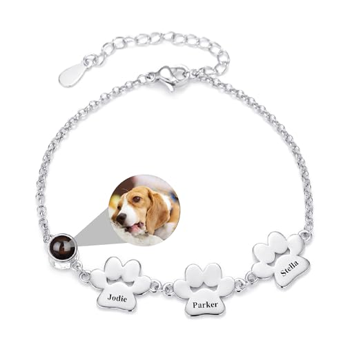 Personalisierte Pfote Foto Armband mit 1-5 Namen Gravur Hundepfote Projektion Armbander mit Bild im Stein Pfotenabdruck Memorial Haustier Schmuck für Frauen Damen 925 Sterling Silber (Silber) von Liskanap