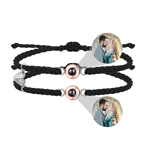 Personalisierte Foto Armband Runde Projektion Armband mit Bild im Stein Ich Liebe Dich Armband 100 Sprachen für Damen Herren Freundschaft Paar Armband Magnet Passende Armbänder Verstellbares Seil 2pcs von Liskanap