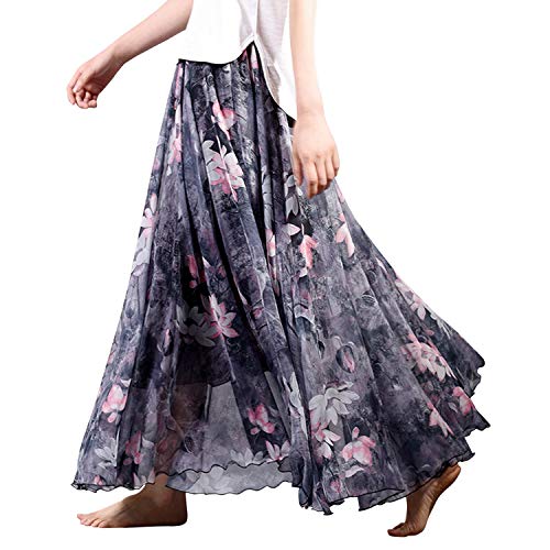 Lisli Damen Chiffon Rock Lang Bohemian Festlich Rock Sommer Hoch Taille A Linie Maxirock Blumenmuster Strandrock Bodenlang Swing Rock von Lisli