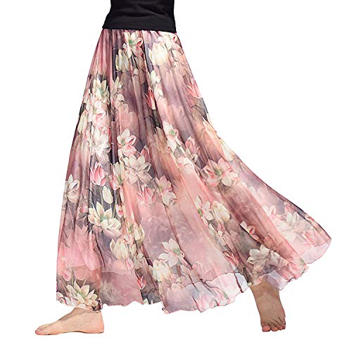 Lisli Damen Chiffon Rock Lang Bohemian Festlich Rock Sommer Hoch Taille A Linie Maxirock Blumenmuster Strandrock Bodenlang Swing Rock von Lisli