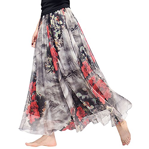 Lisli Damen Chiffon Rock Lang Bohemian Festlich Rock Sommer Hoch Taille A Linie Maxirock Blumenmuster Strandrock Bodenlang Swing Rock von Lisli