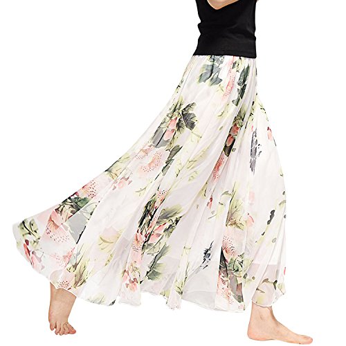 Lisli Damen Chiffon Rock Lang Bohemian Festlich Rock Sommer Hoch Taille A Linie Maxirock Blumenmuster Strandrock Bodenlang Swing Rock von Lisli