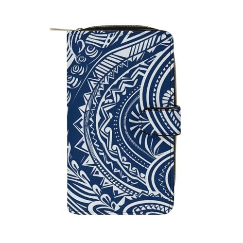 Lismndjs Clutch aus PU-Leder, lange Geldbörse mit Multi-Organizer, Handy, Kreditkartenhalter, dünne Reisetasche, Blaues, polynesisches Maori-Tribal-Muster, 19.7x11x3.5cm von Lismndjs