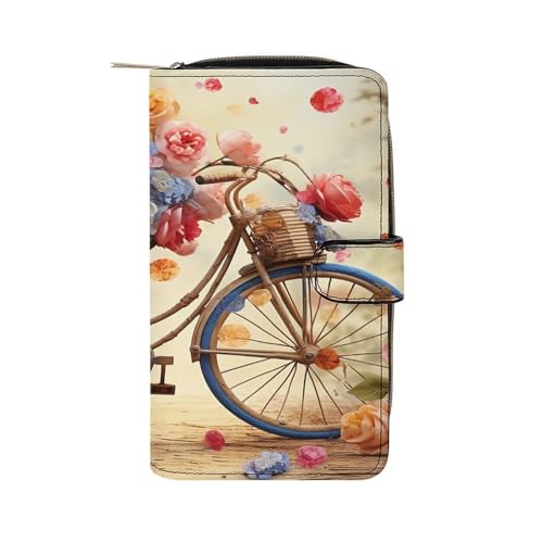 Lismndjs Clutch aus PU-Leder, lange Geldbörse mit Multi-Organizer, Handy, Kreditkartenhalter, dünne Reisetasche, Blumen-Fahrrad, 19.7x11x3.5cm von Lismndjs