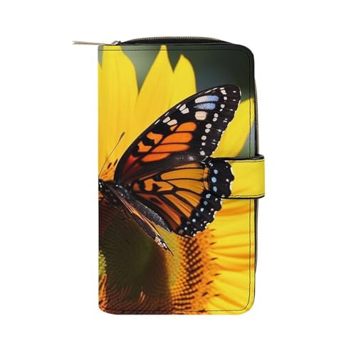 Lismndjs Clutch aus PU-Leder, lange Geldbörse mit Multi-Organizer, Handy, Kreditkartenhalter, dünne Reisetasche, Sunflower Butterfly1, 19.7x11x3.5cm von Lismndjs