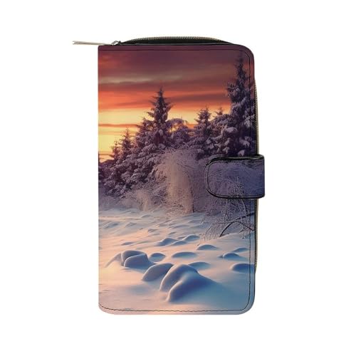 Lismndjs Clutch aus PU-Leder, lange Geldbörse mit Multi-Organizer, Handy, Kreditkartenhalter, dünne Reisetasche, Winterlandschaft Schnee Sonnenuntergang, 19.7x11x3.5cm von Lismndjs