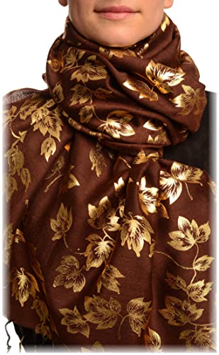 Gold Leafs Print On Brown Pashmina Feel With Tassels - Braun Scarf, Schal Einheitsgroesse (70cm x 180cm) von LissKiss