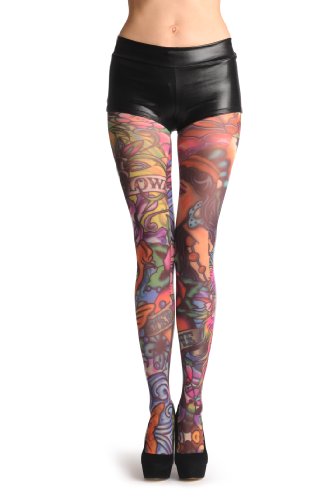 LissKiss A Girl With Flowers Tattoo - Mehrfarbig Strumpfhose Einheitsgroesse (34-42) von LissKiss