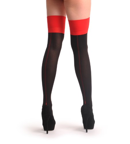 LissKiss Black With Red Back Seam & Red Elasticated Top - Schwarz Strapsstrümpfe Einheitsgroesse (34-42) von LissKiss