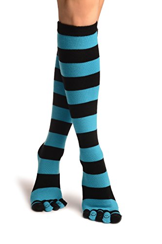 LissKiss Black & Blue Stripes & Printed Smiles Knee High Toe Socks - Blau Zehensocken Einheitsgroesse (37-42) von LissKiss