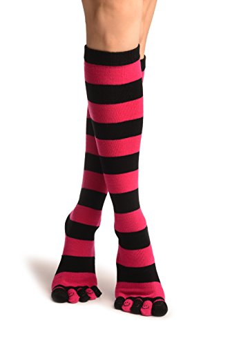 LissKiss Black & Pink Stripes & Printed Smiles Knee High Toe Socks - Rosa Zehensocken Einheitsgroesse (37-42) von LissKiss