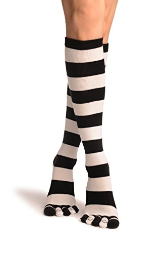 LissKiss Black & White Stripes & Printed Smiles Knee High Toe Socks - Weiß Zehensocken Einheitsgroesse (37-42) von LissKiss