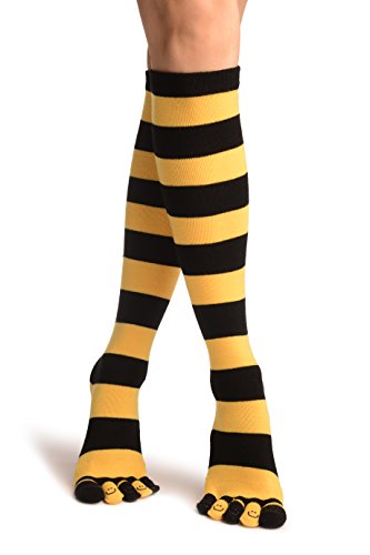 LissKiss Black & Yellow Stripes & Printed Smiles Knee High Toe Socks - Gelb Zehensocken Einheitsgroesse (37-42) von LissKiss