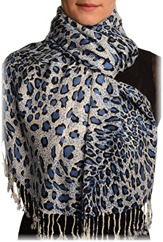 LissKiss Blue Diagonal Leopard On White Pashmina Feel with Tassels - Wei? Scarf, Schal, Einheitsgroesse - 70cm x 180cm von LissKiss