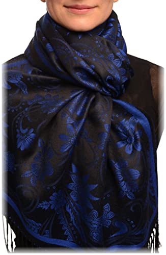 LissKiss Blue Garden Flowers On Black Pashmina Feel With Tassels - Schwarz Scarf, Schal Einheitsgroesse (70cm x 180cm) von LissKiss