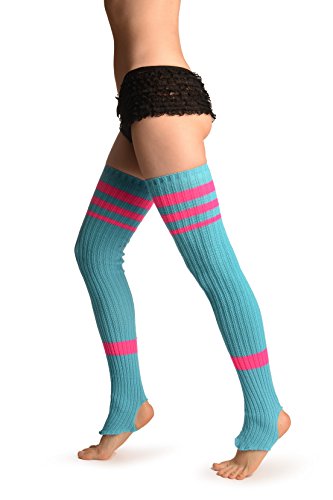 LissKiss Blue With Pink Referee Stripes Stirrup Dance/Ballet Leg Warmers - Blau Beinwärmer von LissKiss