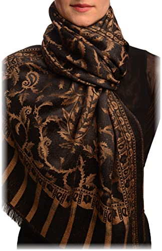 LissKiss Brown Large Paisley On Black Pashmina Feel - Schwarz Scarf, Schal, Einheitsgroesse - 70cm x 180cm von LissKiss