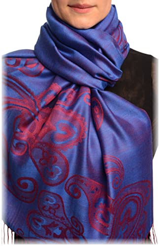 LissKiss Joined Red Paisleys On Prussian Blue Pashmina Feel With Tassels - Blau Scarf, Schal, Einheitsgroesse - 70cm x 180cm von LissKiss