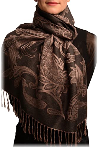 LissKiss Large Paisleys On Brown Black Pashmina Feel With Tassels - Schwarz Scarf, Schal, Einheitsgroesse - 70cm x 180cm von LissKiss