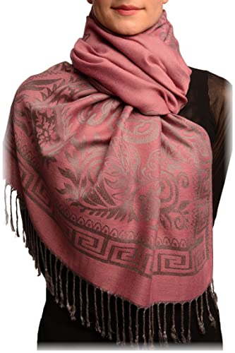 LissKiss Meander & Paisleys On Puce Pink Pashmina Feel with Tassels - Rosa Scarf, Schal, Einheitsgroesse - 70cm x 180cm von LissKiss