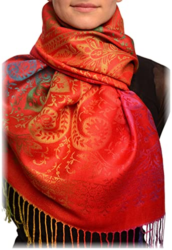 LissKiss Mirrored Ombre Paisleys On Red Pashmina Feel With Tassels - Rot Scarf, Schal Einheitsgroesse (70cm x 180cm) von LissKiss