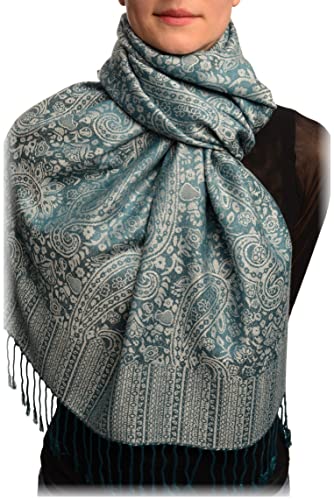 LissKiss Prussian Blue & Grey Paisleys Pashmina Feel With Tassels - Blau Scarf, Schal, Einheitsgroesse - 70cm x 180cm von LissKiss