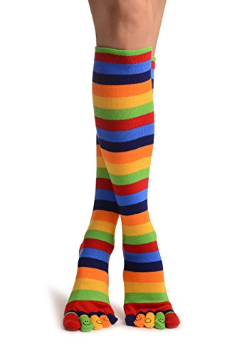 LissKiss Red, Green & Blue Stripes & Printed Smiles Knee High Toe Socks - Mehrfarbig Zehensocken, Einheitsgroesse (37-42) von LissKiss