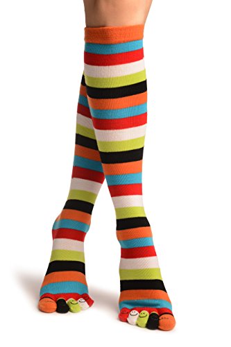 LissKiss Red, Green & White Stripes & Printed Smiles Knee High Toe Socks - Mehrfarbig Zehensocken Einheitsgroesse (37-42) von LissKiss