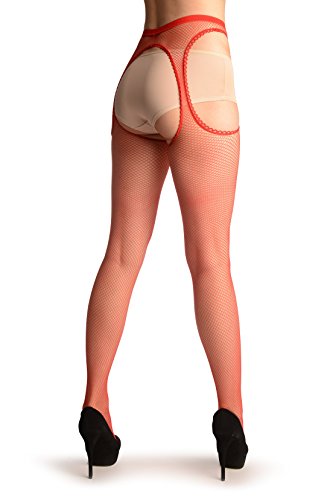 LissKiss Red Fishnet With Attached Suspender Belt - Rot Strumpfhose, Einheitsgroesse (34-40) von LissKiss