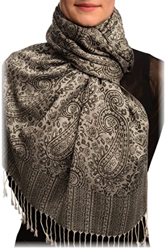 LissKiss White & Black Paisleys Pashmina Feel With Tassels - Schwarz Scarf, Schal, Einheitsgroesse - 70cm x 180cm von LissKiss