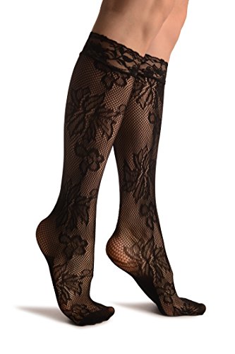 Orchid & Peony Flowers Black Lace Knee High Socks - Schwarz Socken Einheitsgroesse (37-42) von LissKiss