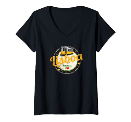 Damen Lissabon Portugal mit Retro Tram Vintage Souvenir T-Shirt mit V-Ausschnitt von Lissabon Portugal Retro Tram Vintage Souvenir