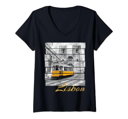 Damen Lissabon Straßenbahn Portugal Vintage Urlaub Souvenir T-Shirt mit V-Ausschnitt von Lissabon Straßenbahn Portugal Urlaub Souvenir