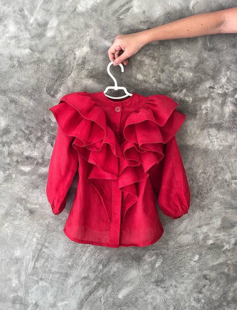 Mädchen Leinen Langarmbluse Mit Bubble Ärmel Und Rüschen von LissiKids