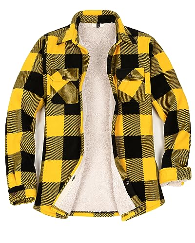 Damen Gefütterte Fleece Plaid Hemdjacke Sherpa Fleece durchgehend Flanellhemd Jac, Gelb, Schwarz, X-Large von Lisskolo