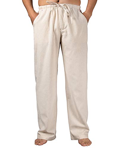 Herren Kordelzug, lockere Leinenhose, leicht, elastische Taille, Yoga, Lounge, Baumwollhose - Beige - Groß von Lisskolo