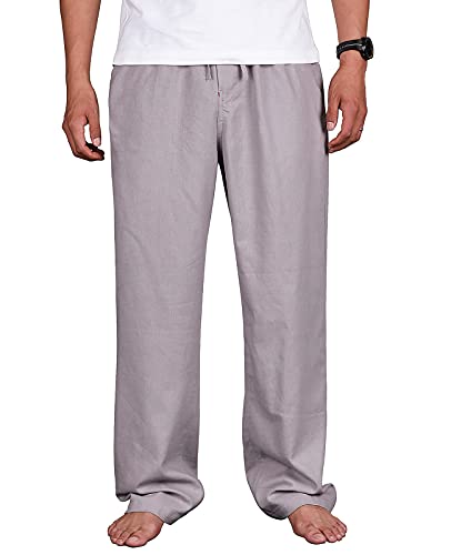 Herren Kordelzug, lockere Leinenhose, leicht, elastische Taille, Yoga, Lounge, Baumwollhose - Grau - XX-Large von Lisskolo