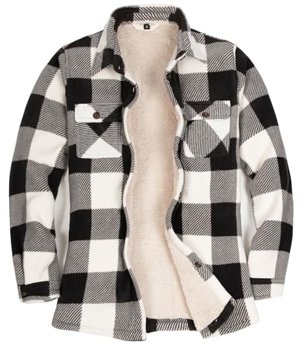 Lisskolo Damen-Hemdjacke mit Fleece-Futter und Eingrifftaschen, kariert, mit Knopfleiste, Sherpa-Fleece, Oberbekleidung, Flanelljacken, Weiß/Grau, S von Lisskolo