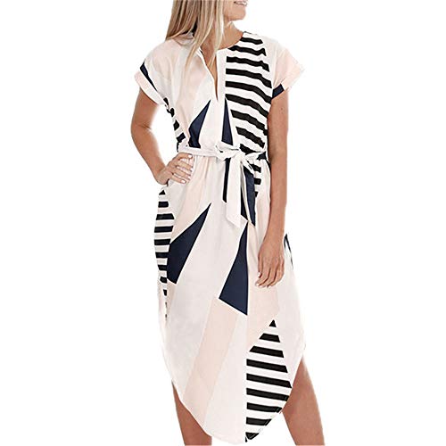 LitBud Damen Kleider Sommer Kurzarm Vintage Business Urlaub Belted Shift Midi Tunika Kleid für Damen Aprikose Größe 36 38 M von LitBud