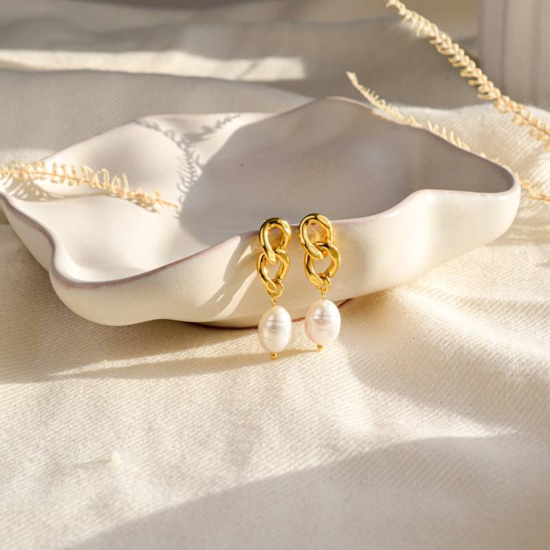 Perle Gold Ohrringe Gliederkette Baumeln 18K Sterling Silber Süßwasser Brautschmuck, Brautjungfer Geschenke von LitLondonStudio
