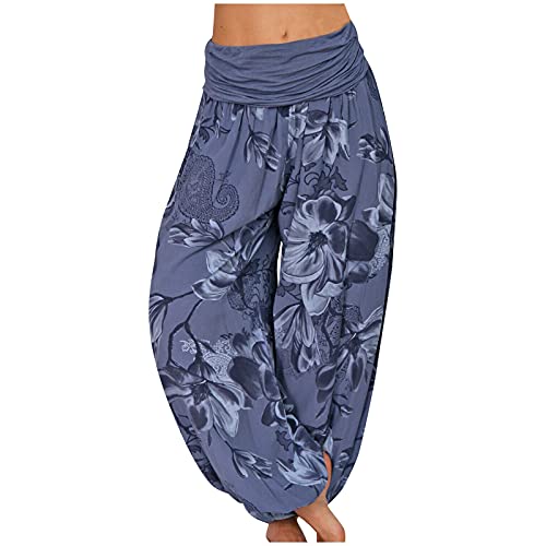 Atmungsaktiv Sweathosen Luftige Sommerhosen Damen Lange Unterhosen Damen Kurz Damen Yogahose Weite Beine Anzughose Palazzo Mit High Waist Mit Flecht-Gürtel Frau,Blue,5XL von Litale