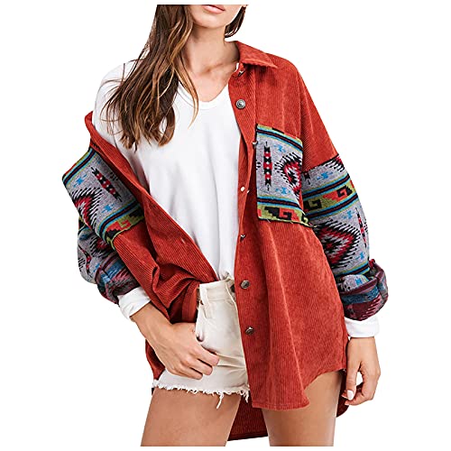 Damen Cordhemd Jacke Lose Revers Blusen Cordjacke Retro Ethnischer Stil Jacquard Cordjacke Freizeit Jacken Oberteile Casual Langarm Leichter Rundhals Jacke Warme Mantel Herbst Winter Outwear Top von Litale