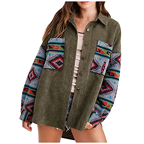 Damen Cordhemd Jacke Lose Revers Blusen Cordjacke Retro Ethnischer Stil Jacquard Cordjacke Freizeit Jacken Oberteile Casual Langarm Leichter Rundhals Jacke Warme Mantel Herbst Winter Outwear Top von Litale