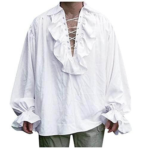 Herren Mittelalter Hemd Gothic Rüschenhemd Schnürhemd Steampunk Cosplay Piraten Hemd Halloween Karneval Kostüm Elegant Langarmshirt Piraten Viktorianisch Renaissance Viking Cosplay Tops von Litale