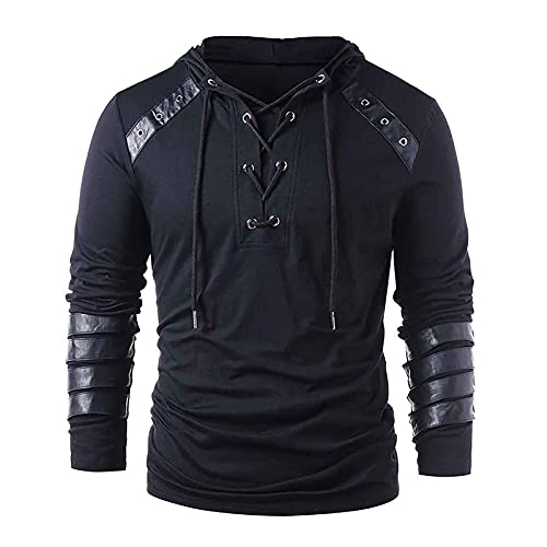 Herren Pullover Hoodie Sweatshirt Lack Leder Patchwork Retro Kapuzenpullover Steampunk Langarm Sweatshirt Ritter Medieval Bandage aus Leder Gothic Punk Colorblock Mode Männer Langarmshirts Tops von Litale